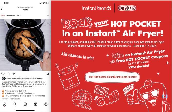 An Instagram post from SeaPak promoting cooking its coconut shrimp in an air fryer and an ad from Hot Pockets promoting a giveaway of an Instant Brands air fryer. 