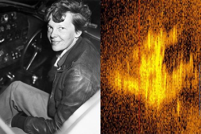 Side by side photo of Amelia Earhart and a sonar image of the airplane-shaped object