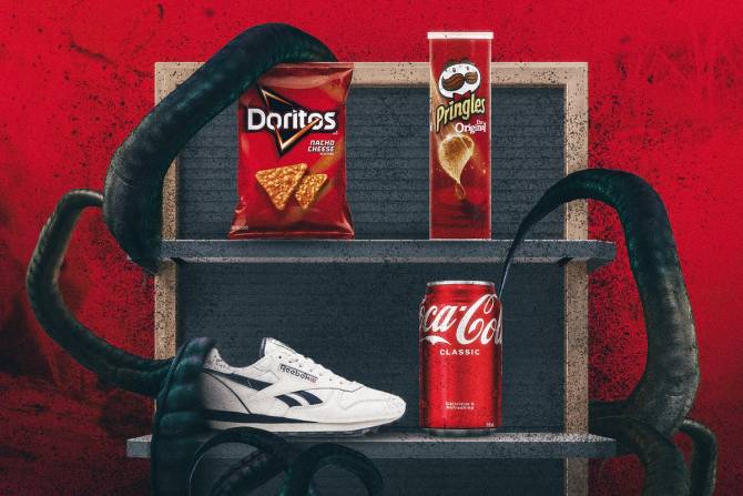 Doritos, Pringles, Coca-Cola, and Reebok products in a Stranger Things-esque environment