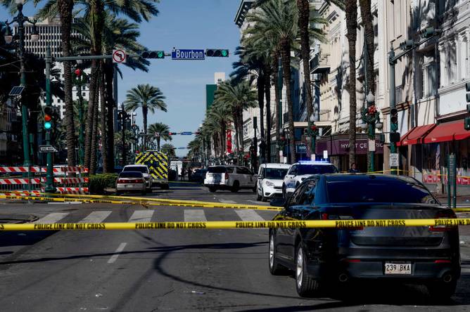 The French Quarter, near Bourbon Street is blocked off late morning with a heavy police and FBI presence after a Terrorist attack early in the morning in New Orleans, Louisiana, on January 1, 2025