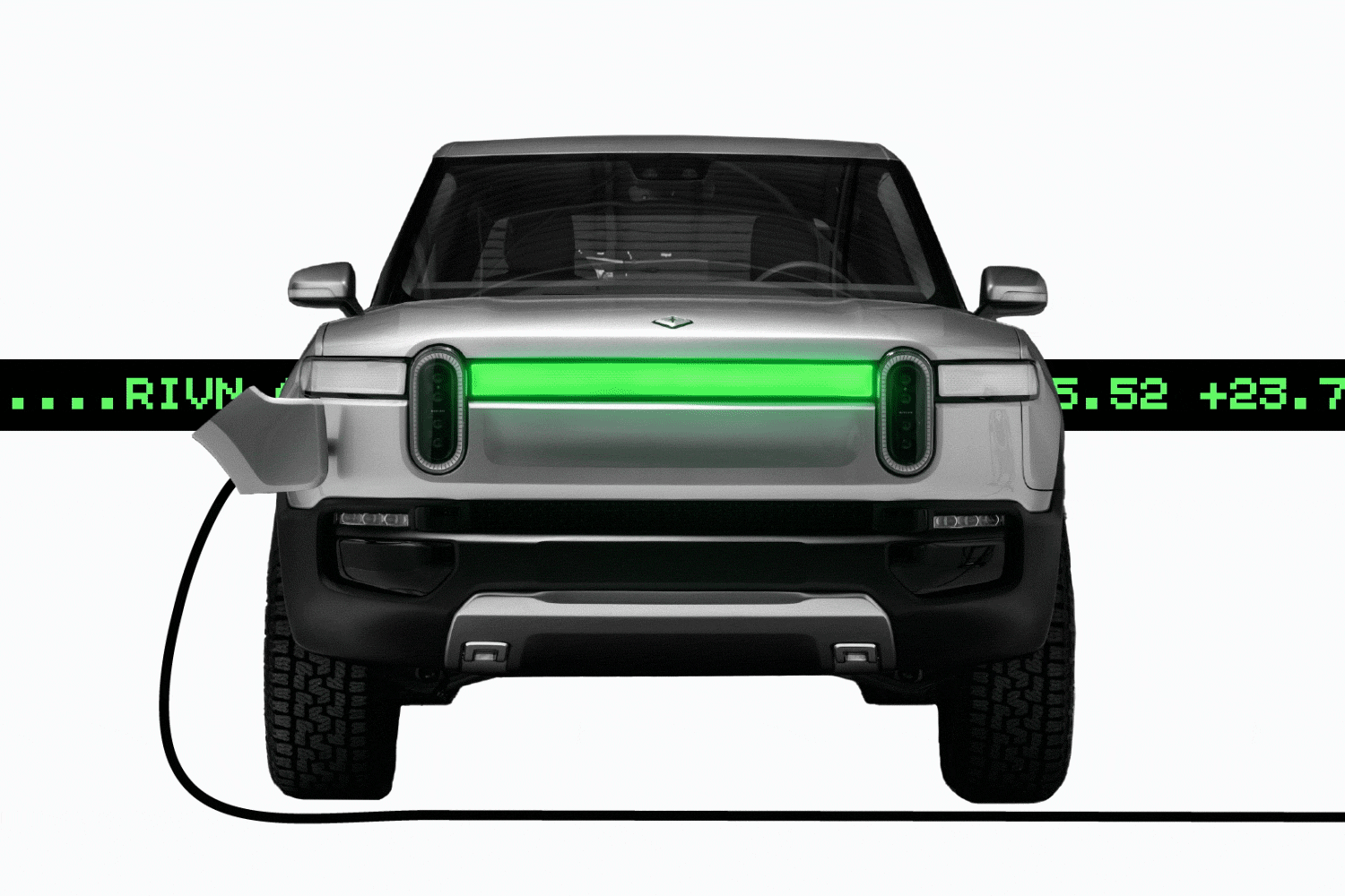Rivian vehicle charging, with its stock ticker in the background 