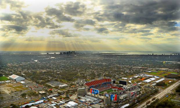 An aerial view of Raymond James Stadium ahead of Super Bowl LV on January 31, 2021 in Tampa, Florida