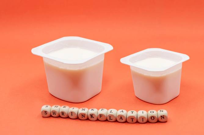 Side by side comparison of containers of yogurt, one smaller than the other, with the word "shrinkflation" spelled out below. 