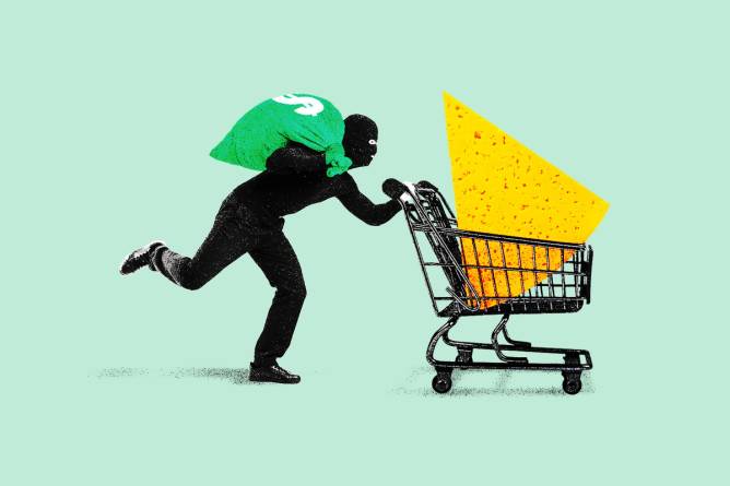 illustration of a burglar pushing a shopping cart with a large wedge of cheese in it