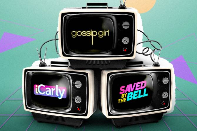 TVs with the iCarly, Saved by the Bell, and Gossip Girl logos