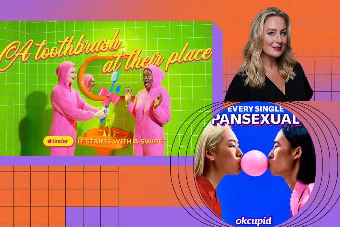 imagery from Tinder and OkCupid campaigns alongside headshot of Melissa Hobley