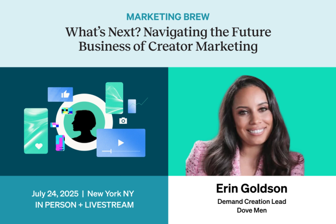 a photo of Erin Goldson, Demand Creation Lead at Dove Men, as part of a promotional image for the MarketinG Brew event What’s Next? Navigating the Future Business of Creator Marketing.
