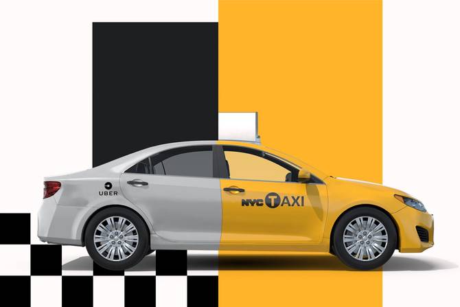 A photo-illustration combining an Uber vehicle and a NYC yellow cab.