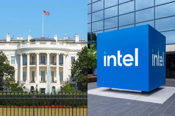 split image of the white house and the intel logo 