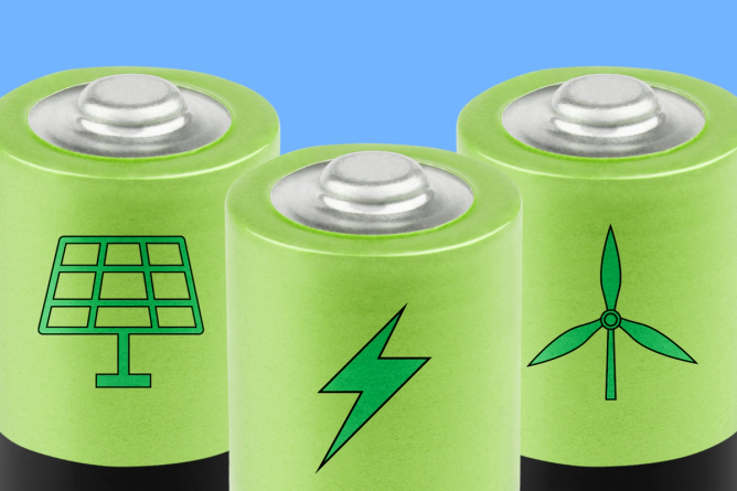 Three green batteries with a solar panel on one, a lightning bolt on the other, and a wind turbine on the third.