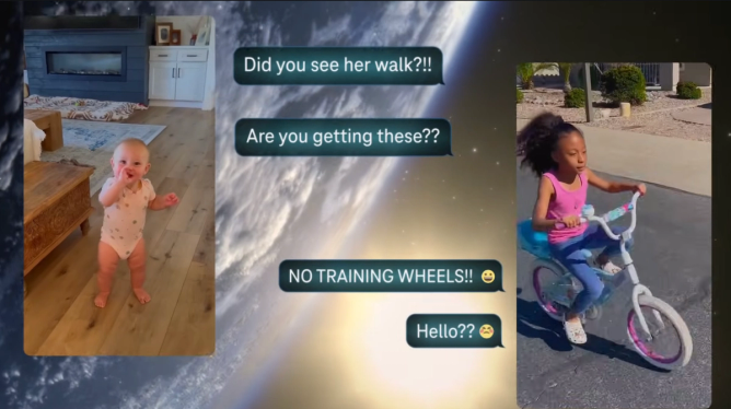 an ad promoting T-Mobile Starlink texting service featuring screenshots of a baby walking and a little girl riding a bike with the text messages "Did you see her walk?!!" "Are you getting these??" "NO TRAINING WHEELS!!" and "HELLO??"