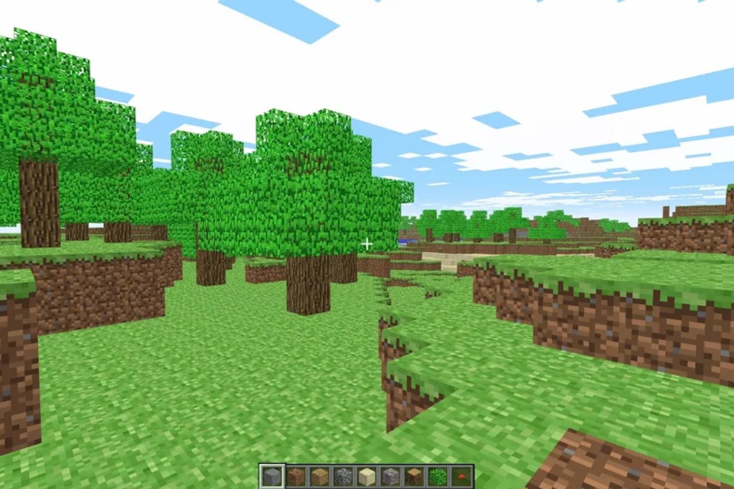 Video game still, trees, grass, and dirt, cubist landscape.