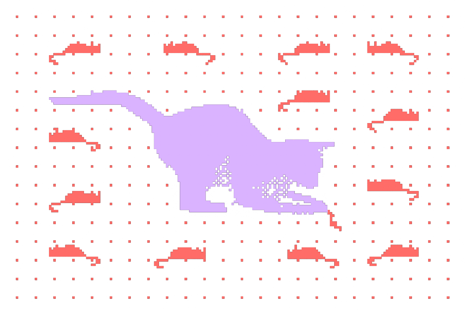 Pixel-art illustration of a purple cat stalking a group of small pink mice scattered across a dotted background