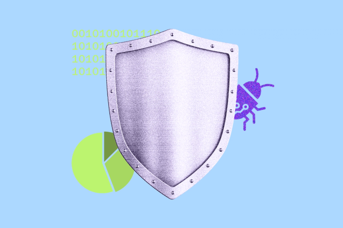 A silver shied surrounded by a bug silhouette, pie chart, and binary code