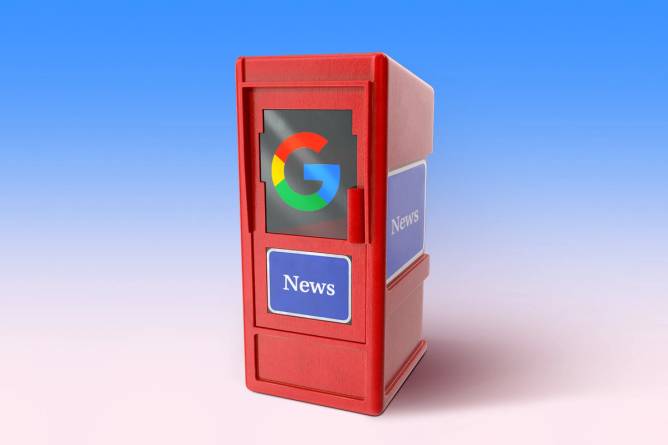 the Google logo inside of a mini news stand