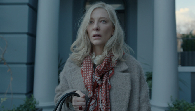 Cate Blanchett appears in the Apple TV+ original series 'Disclaimer' wearing a patterned red scarf