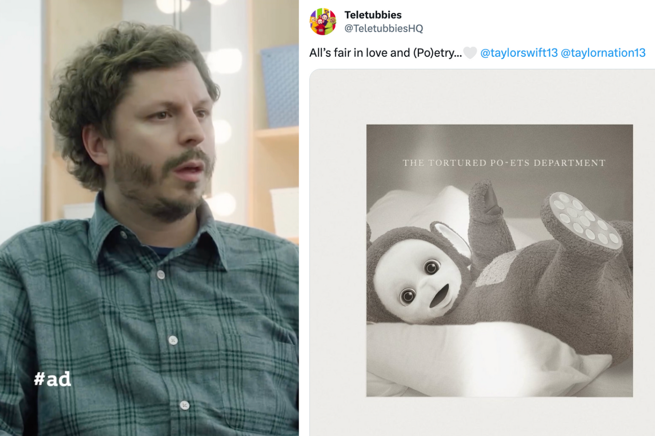 Michael Cera in a video from @bobbialthoff on Instagram, @TeletubbiesHQ/X's tweet referencing Taylor Swift's upcoming album Tortured Poets Department 