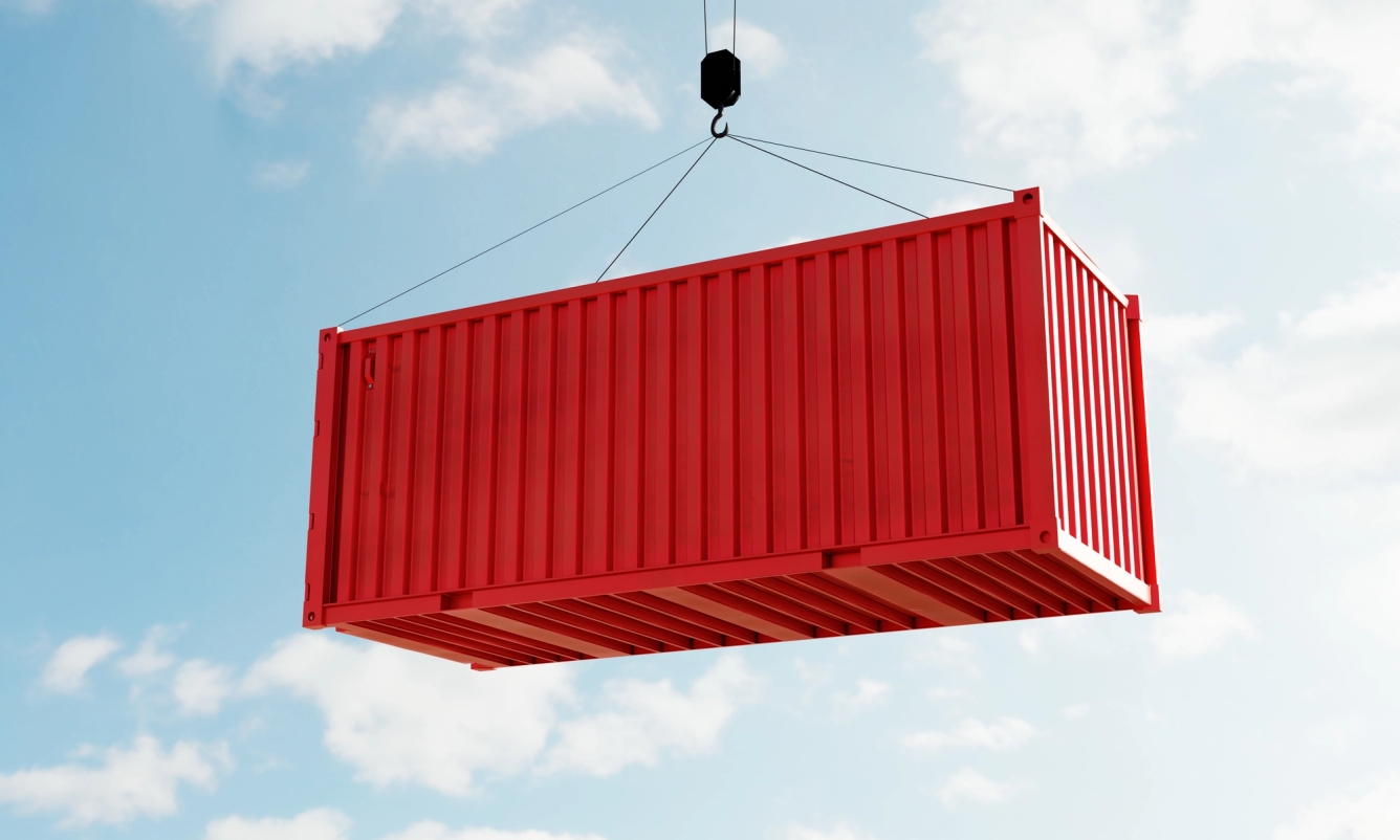 Shipping container suspended in the air