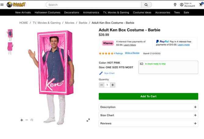 A product page from Spirit Halloween that for the Adult Ken Box costume, with the model looking like a doll inside of its packaging. 