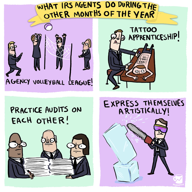 Cartoon about what IRS agents do during months not named April