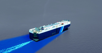 3D digital model of a shipping container boat moving through the ocean with a blue scanning light trailing behind it