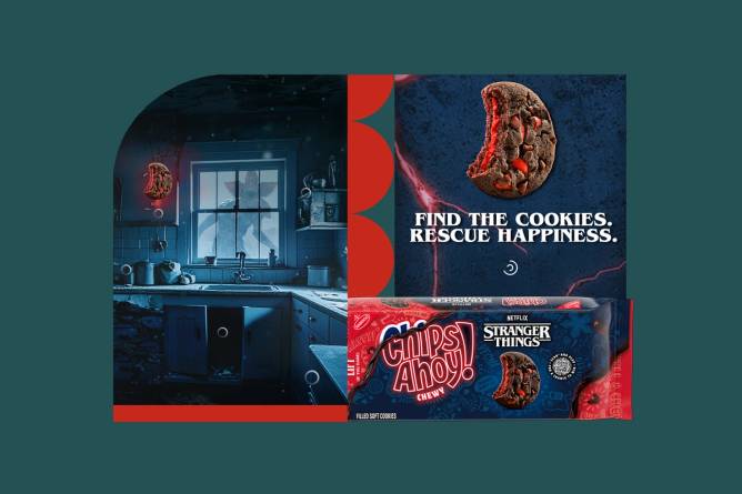A photo composite of Chips Ahoy and Stranger Things campaign images, a dark chocolate chip cookie filled with red frosting.