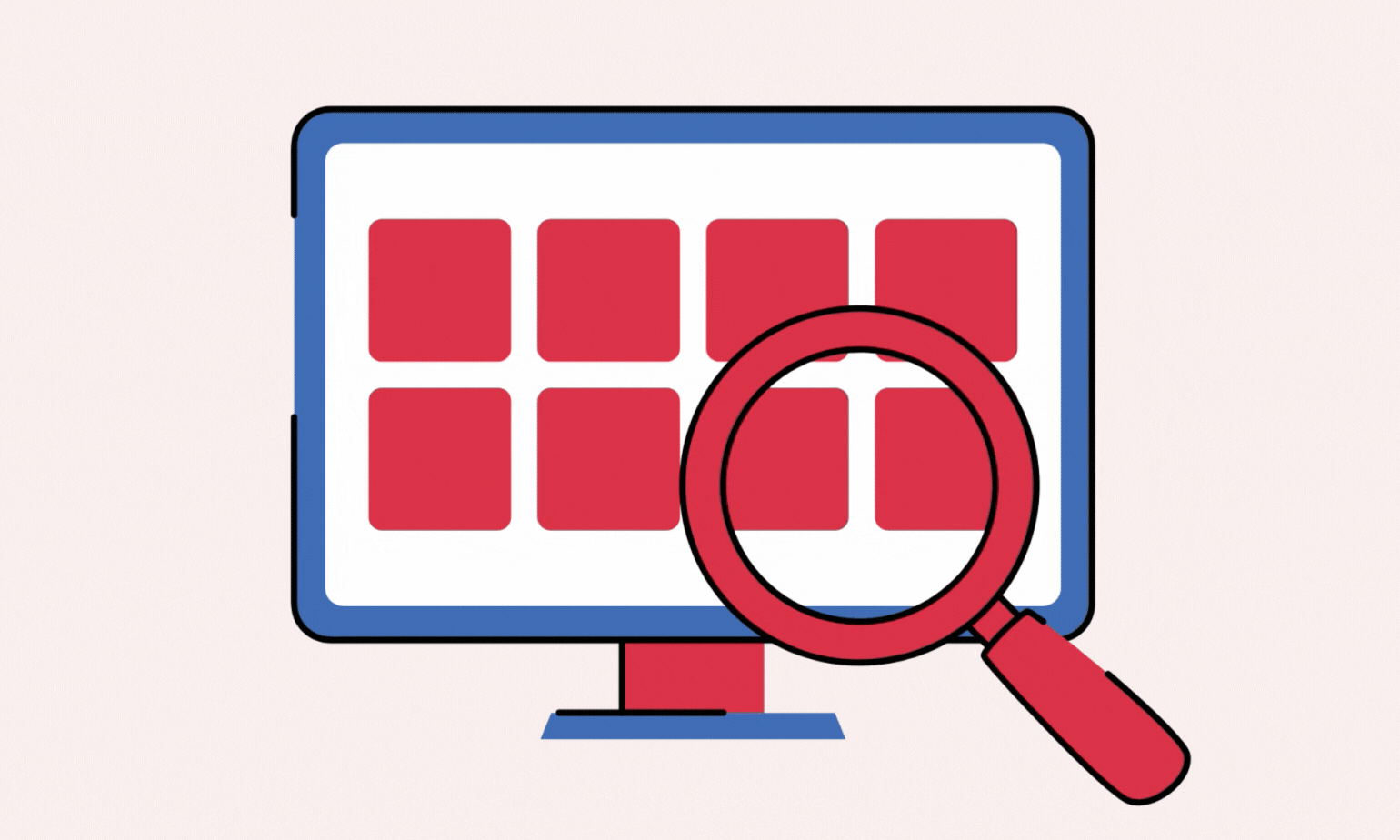 A magnifying glass moving around red squares on a computer monitor