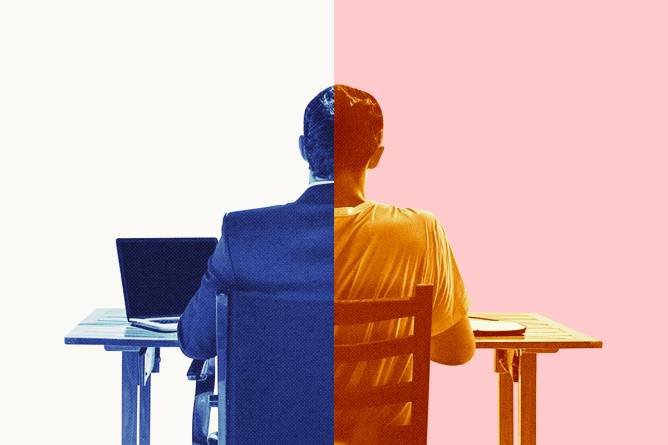 Split scene of an employee in work attire vs. pjs.