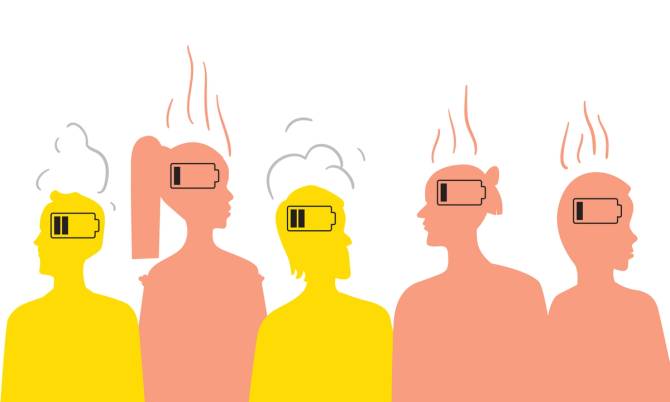 silhouettes of multiple people with drained batteries above each of their heads