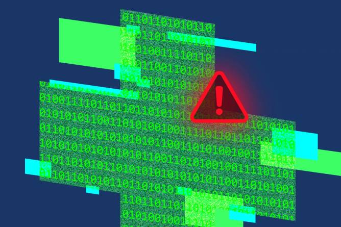A healthcare cross made up of glowing binary code with a warning sign over the top right corner.