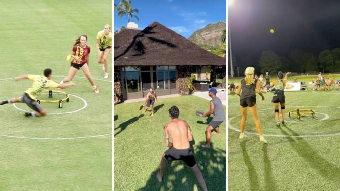 Three video stills from Spikeball's TikTok depicting men and women playing Spikeball