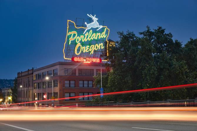 Portland Oregon sign at night