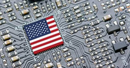 A macro image of the semiconductor with the American Flag painted over it