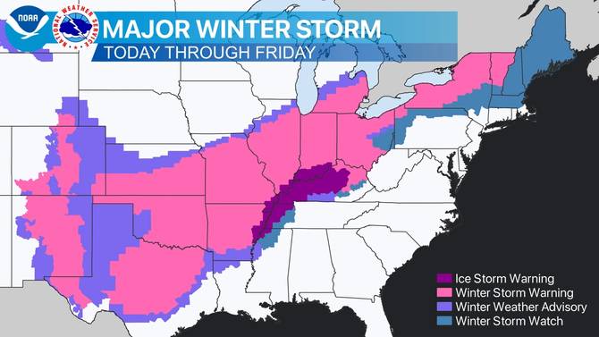 winter storm Landon map across US marking where ice storm and winter storm warnings, winter weather advisory, and winter storm watches.