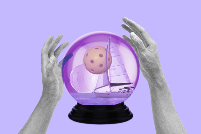 Two hands hovering over a crystal ball displaying a volleyball, pickleball, and sail boat inside of it