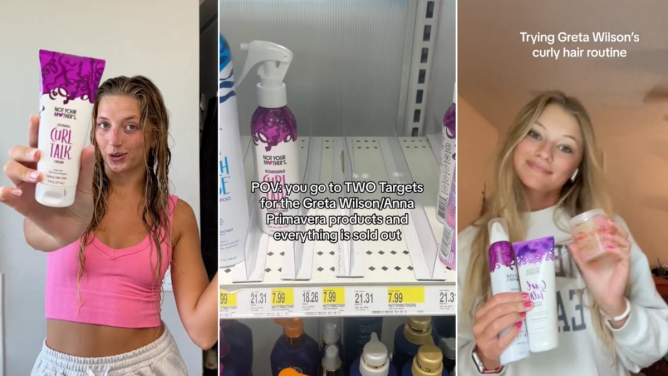 Screenshots from TikTok of people using Curl Talk products and those products on store shelves.