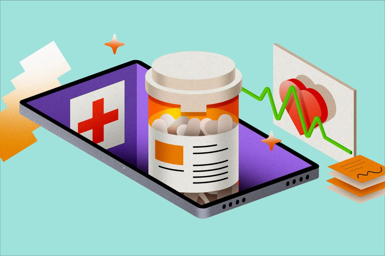 An image of a red cross, pill bottles, and health carts surrounding a phone. 