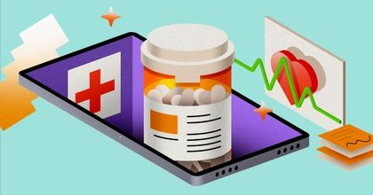 Pharmaceutical drug pills in a bottle sitting on top of a tablet screen surrounded by medical icons like a heart rate monitor