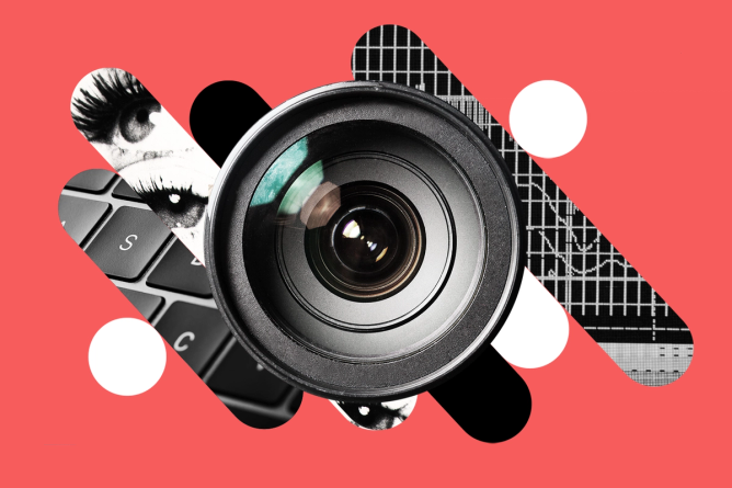 Illustration  of camera lense in front of computer screen, eyeball, and keyboard