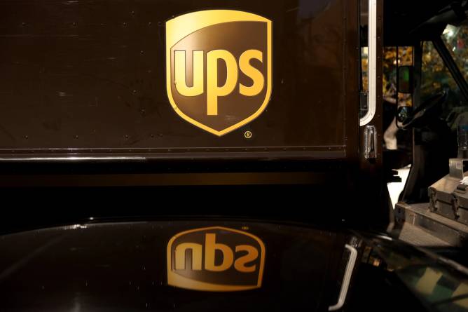 Close-up of a brown UPS truck.