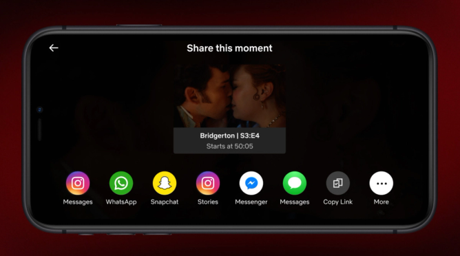 A depiction of Netflix's Moments, which shows a clip from Bridgerton on a mobile screen and the prompt "Share this Moment" with options for the clip to be shared on Instagram, Snapchat, Facebook, or other messaging apps