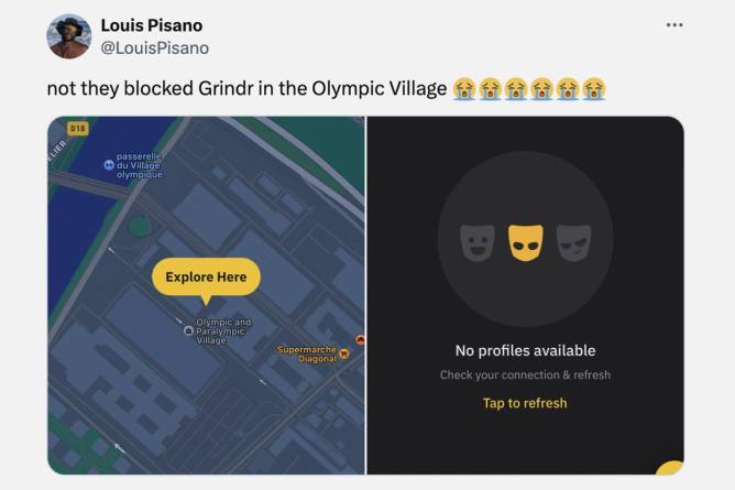 Screenshot of Grindr block in Paris Olympic Village