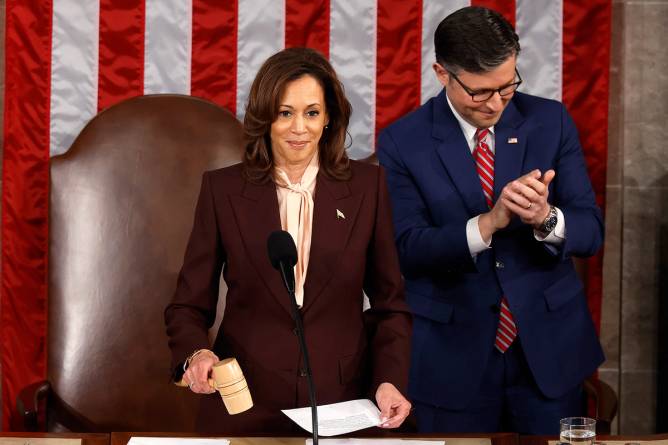 Kamala Harris and Mike Johnson during the certification of Donald Trump's presidential win