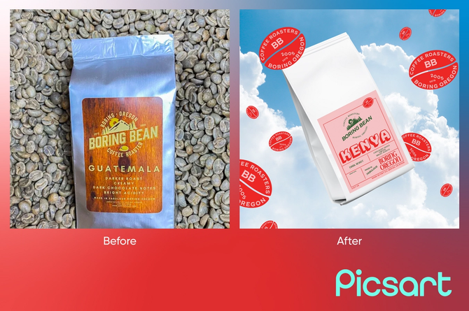Boring Bean's branding, before and after (on coffee bags)