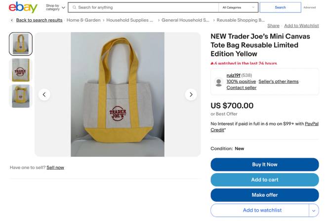 An  eBay listing that's selling a Trader Joe's mini-tote bag, which costs only $2.99 at Trader Joe's but is selling out, for $700. 