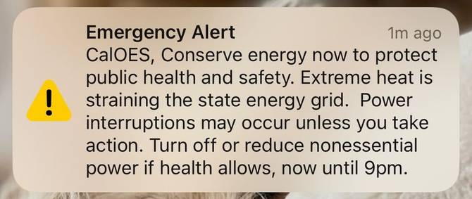 Text message sent to Californians urging them to curb power use