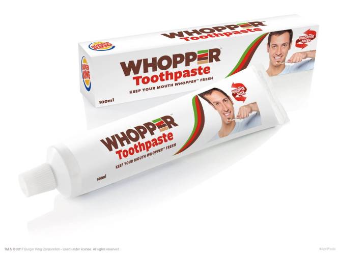 Whopper Toothpaste, a Burger King April Fool's prank from 2017.