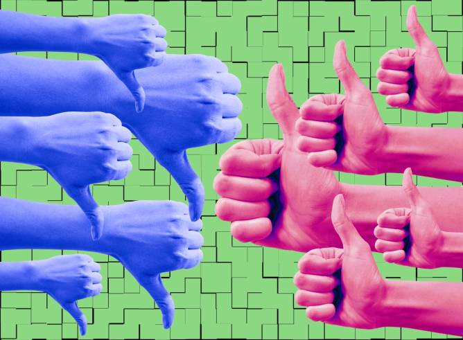 A graphic showing blue-shaded hands thumbs-down and red-shaded hands thumbs-up in front of a green background