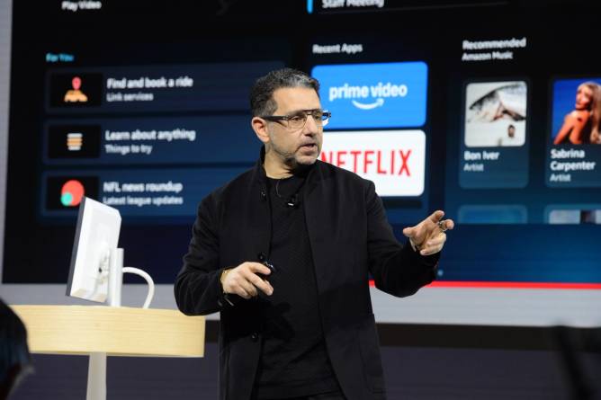  Senior VP Panos Panoy on stage at the Alexa+ announcement event in New York