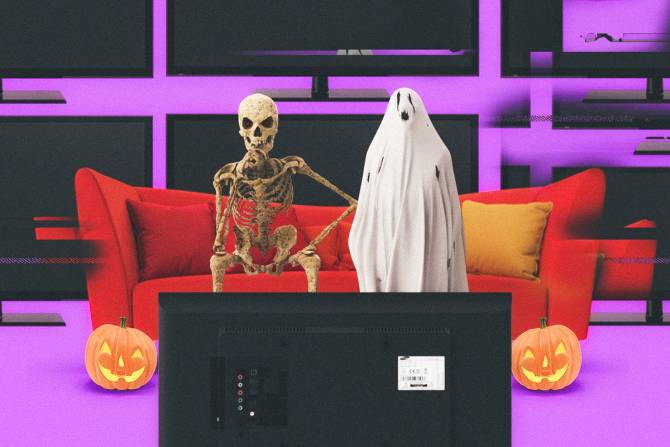 a skeleton and ghost watching TV